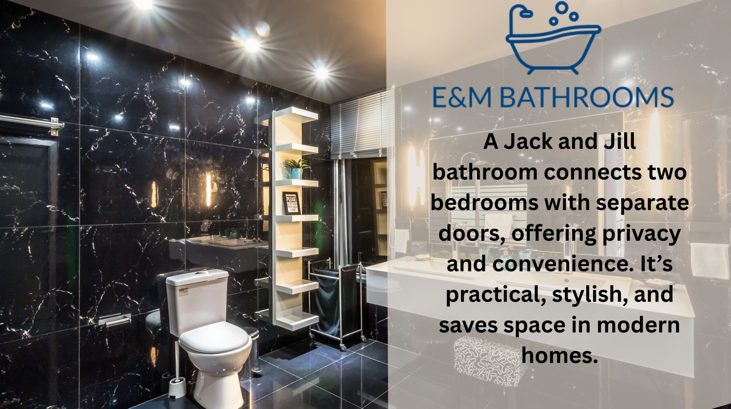 A modern Jack and Jill bathroom with dual sinks, separate entrances, and stylish design features for shared use.